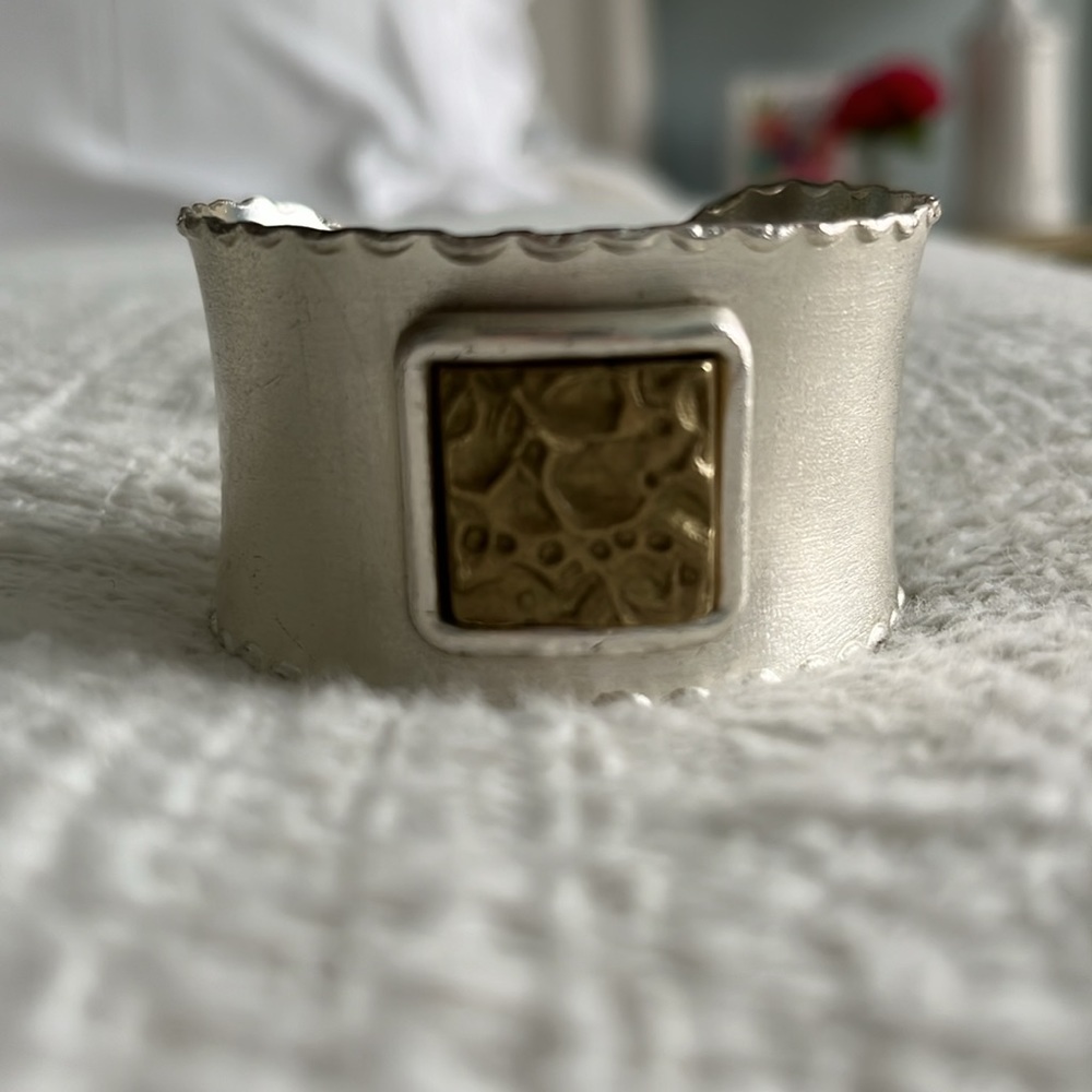 Rustic Cuff Silver Gold Two Tone Wide Cuff Bracel… - image 5